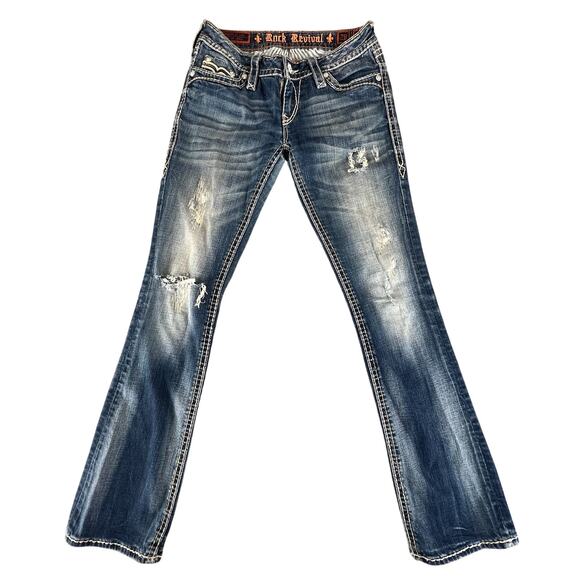 Vintage Y2K Rock Revival Penny Bootcut Jeans 28 | Rhinestone Distressed Denim - Picture 3 of 16